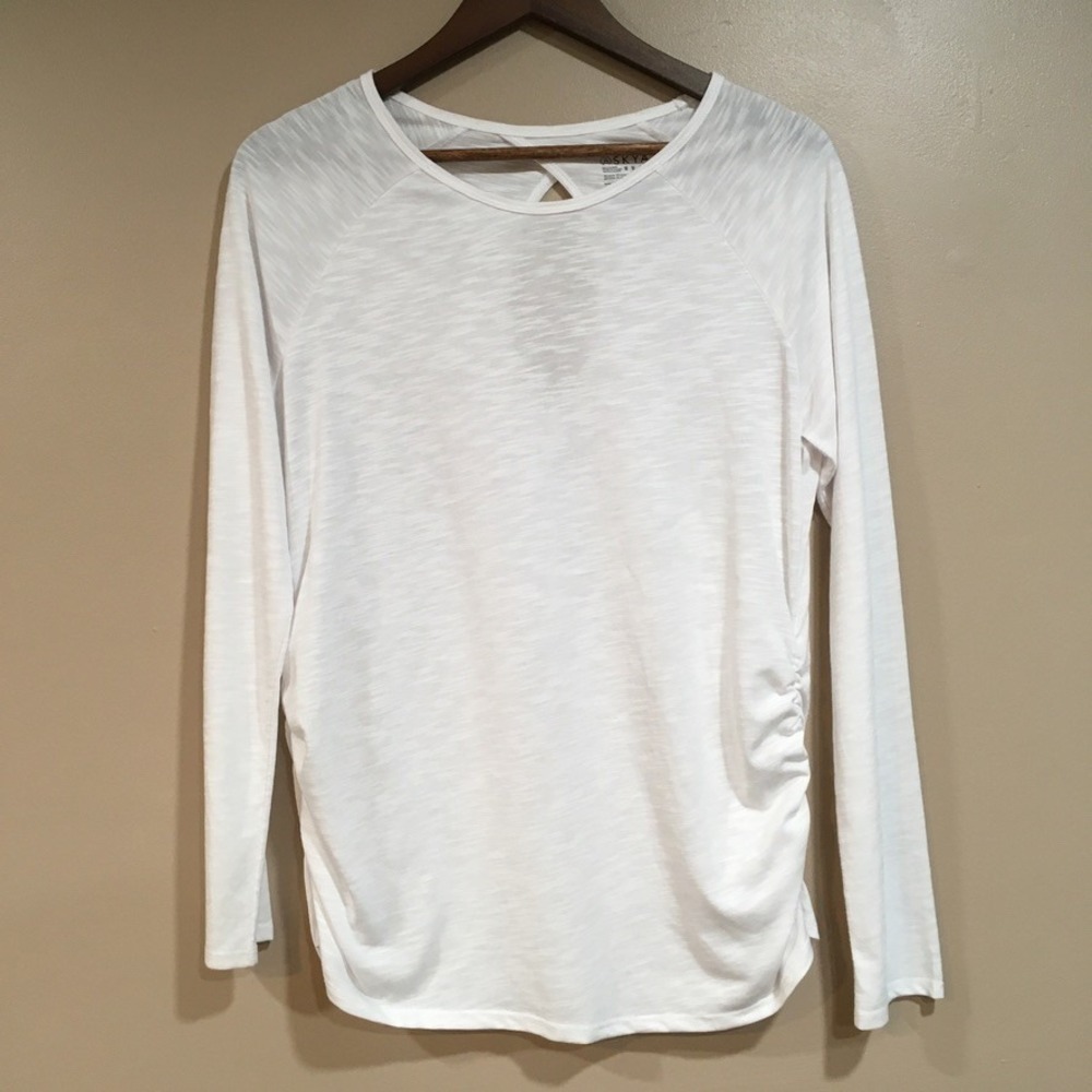 Askya Ruched Keyhole Long Sleeve Top Womens M White Athletic Everyday Basic Yoga